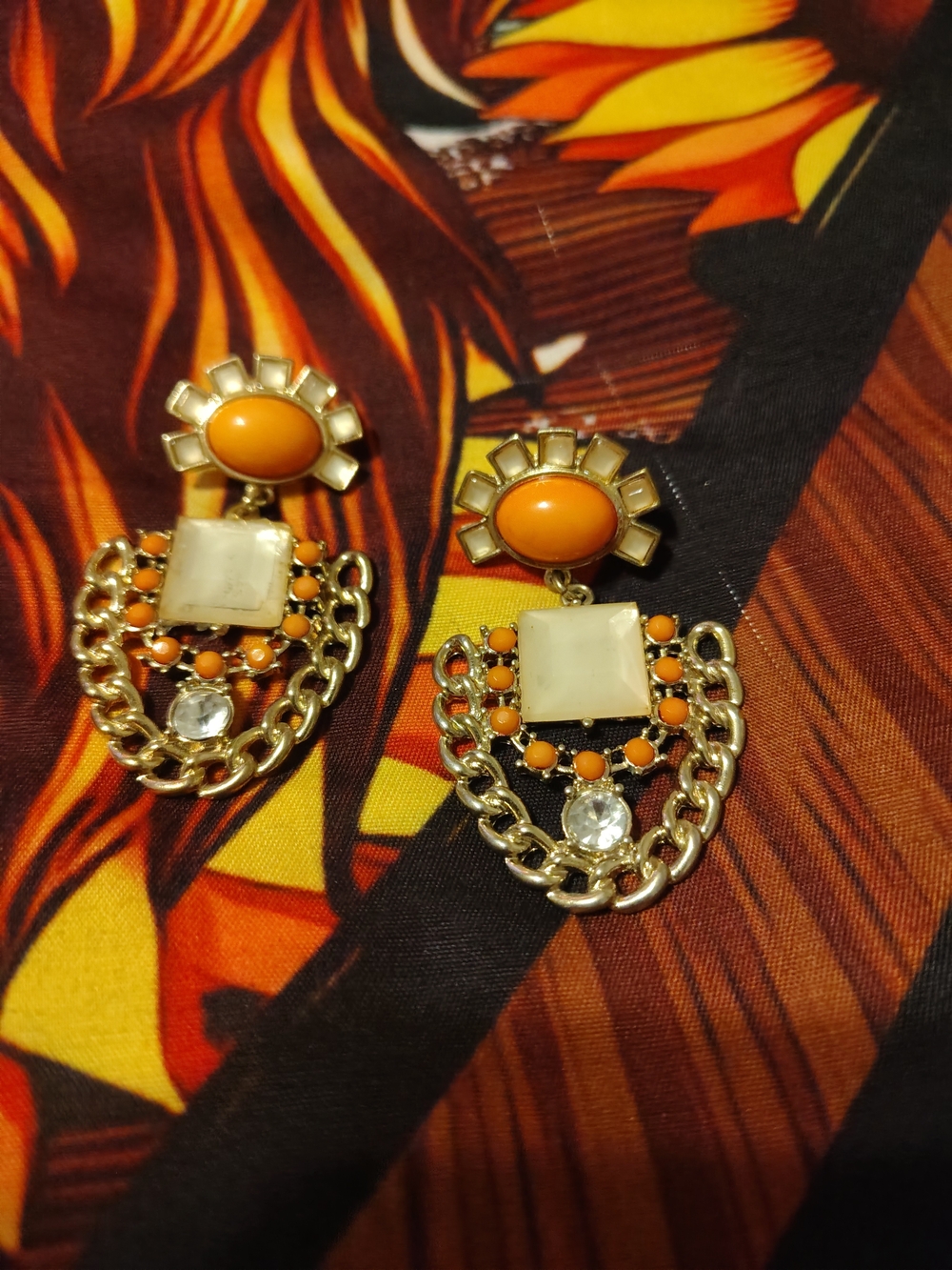Orange and Cream Statement Drop Earrings - Women Jewelry